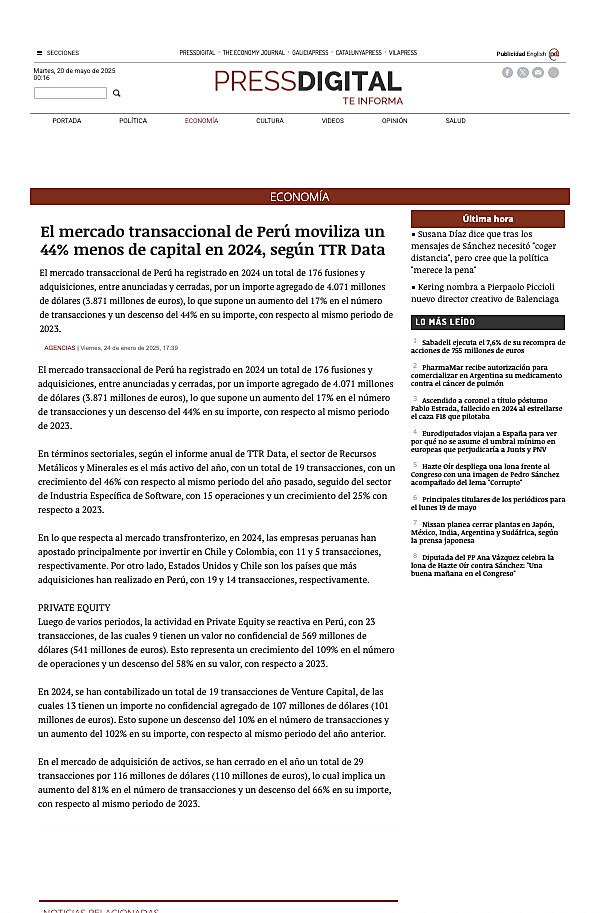 El mercado transaccional de Per moviliza un 44% menos de capital en 2024, segn TTR Data